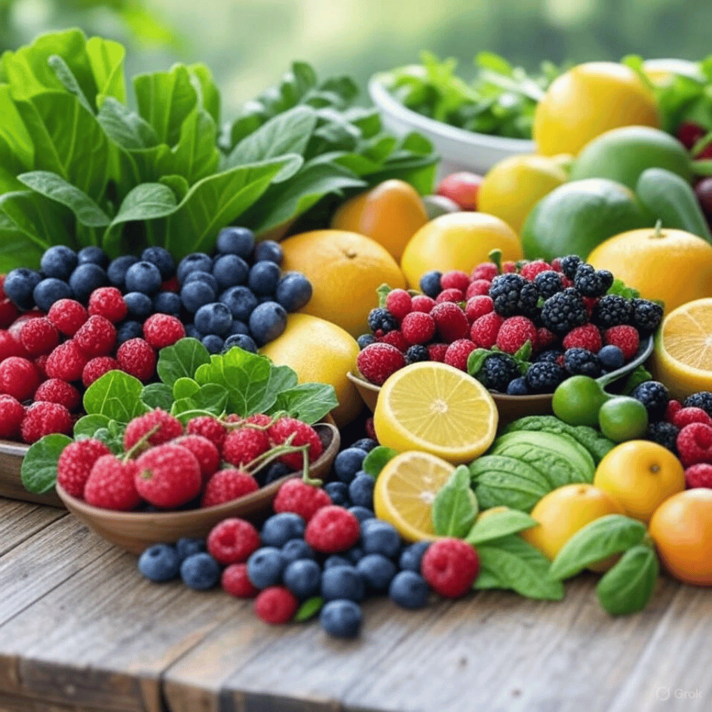 Table full of fresh fruits and vegetables for weight loss
